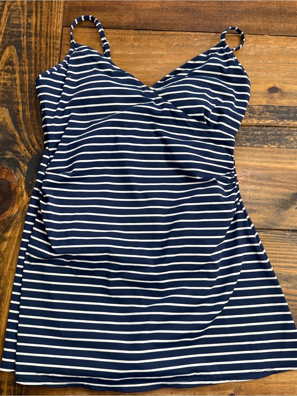 Garnet Hill Swim Dress Blue Striped V Neck Navy Blue White Size 4.